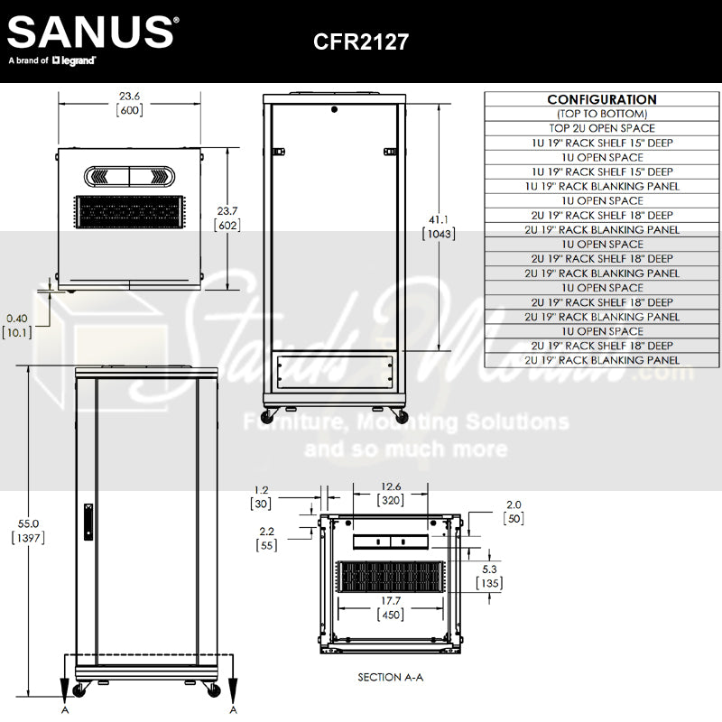 Sanus Component Series AV Rack CFR2127-B1, black equipment rack dimensions diagram