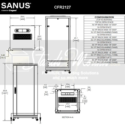 Sanus Component Series AV Rack CFR2127-B1, black equipment rack dimensions diagram