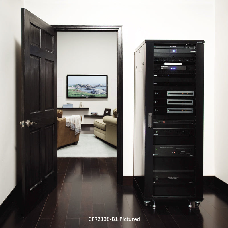 Sanus Component Series AV Rack CFR2144-B1, AV equipment rack installed beside media room