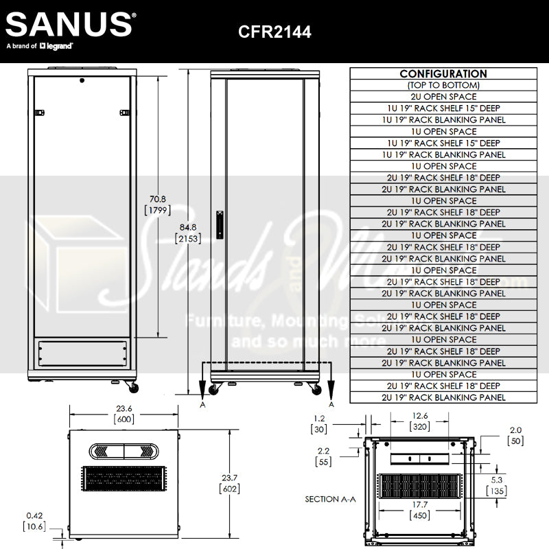 Sanus Component Series AV Rack CFR2144-B1, AV equipment rack technical dimensions and configuration chart