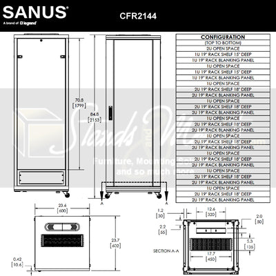 Sanus Component Series AV Rack CFR2144-B1, AV equipment rack technical dimensions and configuration chart