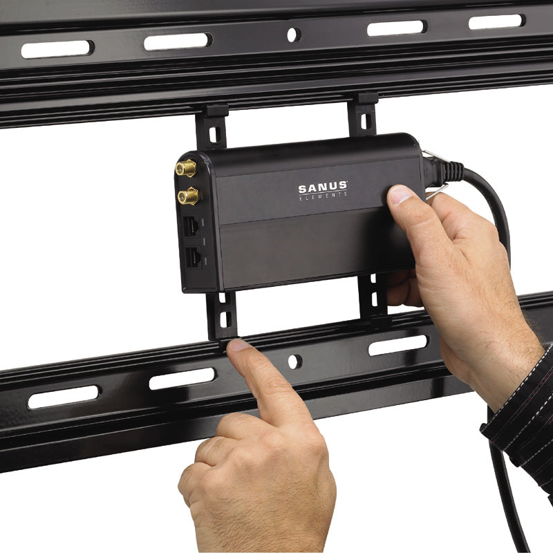 Sanus Flat Panel HD Power Conditioner and Surge Protector, ELM205-B1, media box installed on display wall rail