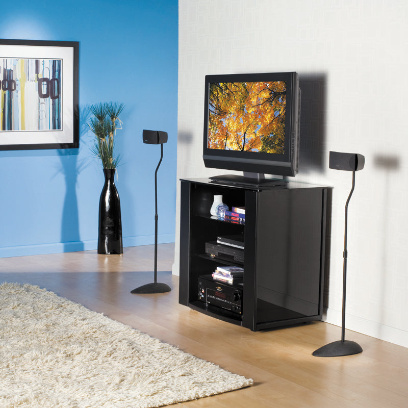 Sanus Adjustable Height Satellite Speaker Stands HTB3-B1, speaker floor stand pair installed living room view