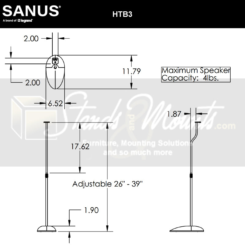 Sanus Adjustable Height Satellite Speaker Stands HTB3-B1, speaker floor stand dimensions diagram