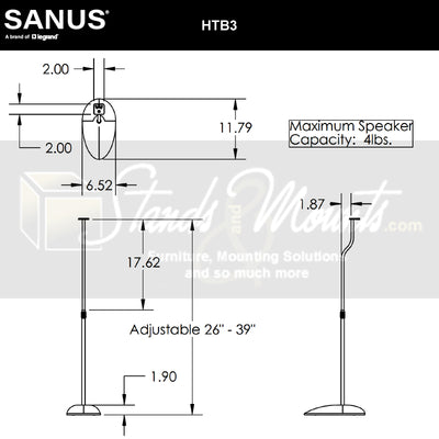 Sanus Adjustable Height Satellite Speaker Stands HTB3-B1, speaker floor stand dimensions diagram
