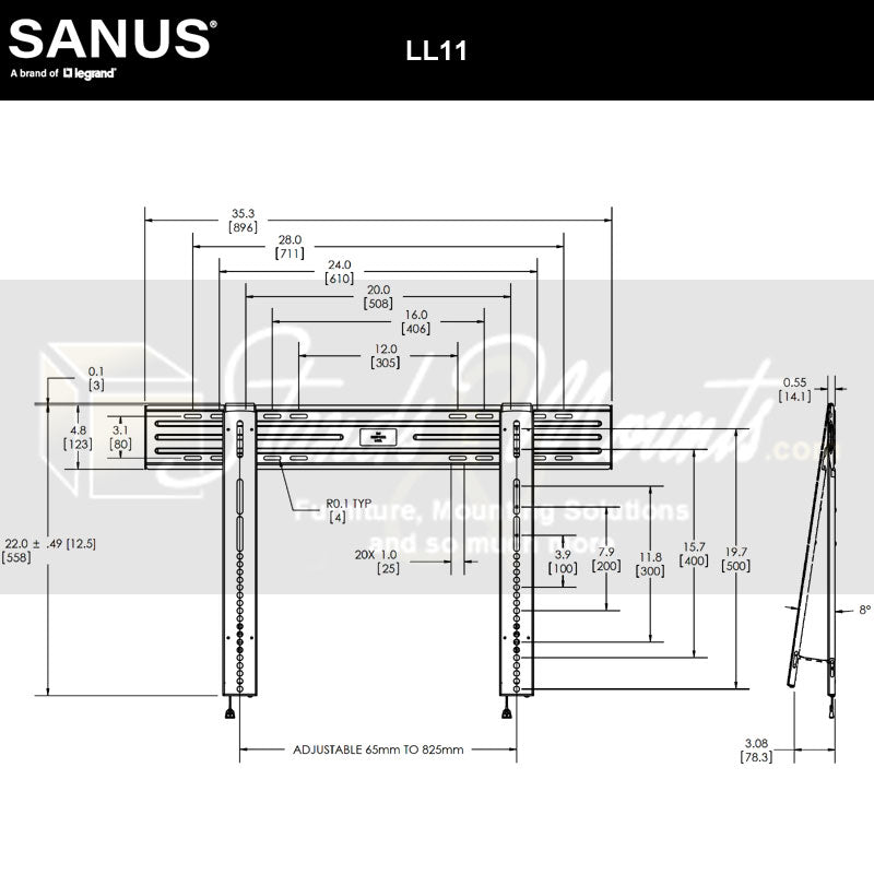 Sanus Large HDPro Super Slim Fixed TV Wall Mount LL11-B1, low-profile wall mount technical dimensions diagram