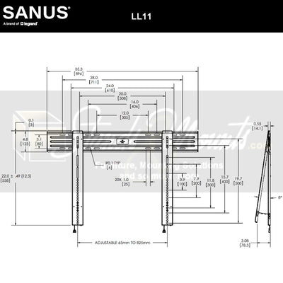 Sanus Large HDPro Super Slim Fixed TV Wall Mount LL11-B1, low-profile wall mount technical dimensions diagram