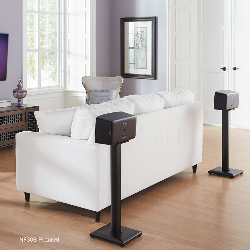 Sanus Natural Foundations Wood Speaker Stands NF18B, surround speaker stands behind sofa
