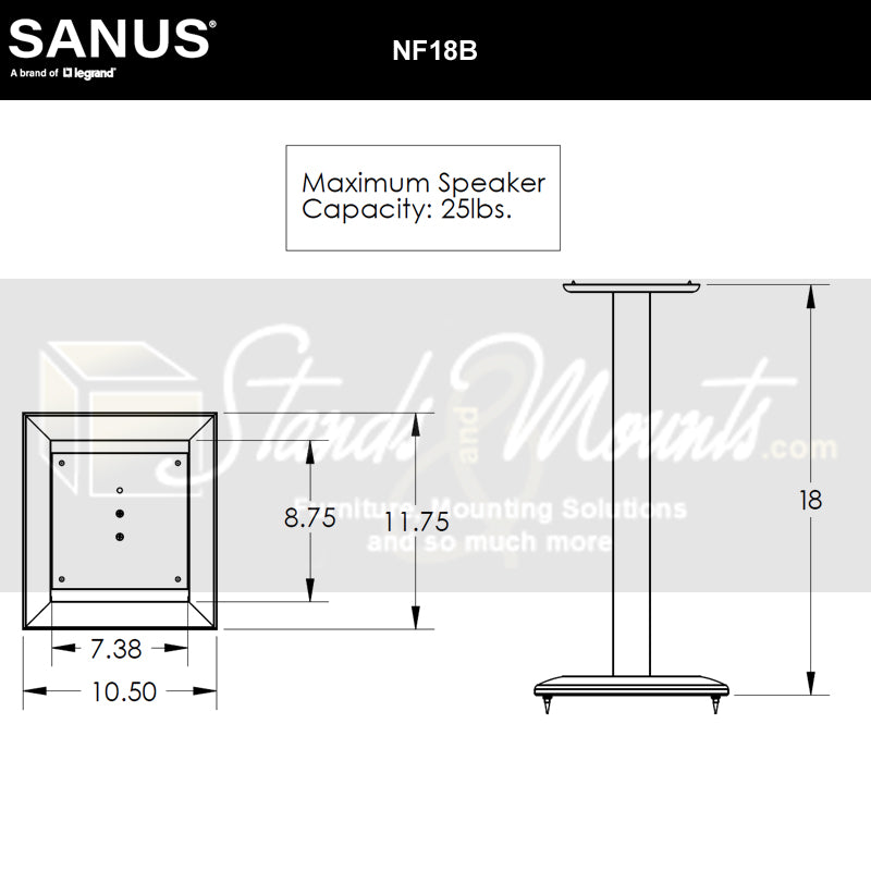 Sanus Natural Foundations Wood Speaker Stands NF18B, speaker stand dimensions diagram