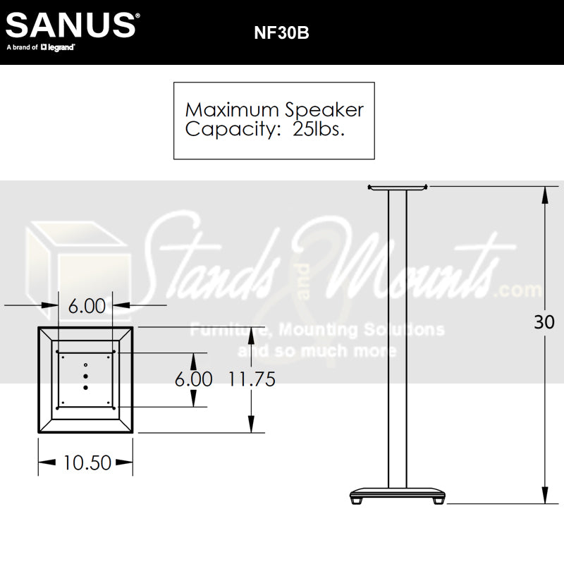 Sanus Natural Foundations Wood Speaker Stands NF30B, speaker stand technical dimensions diagram