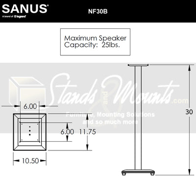 Sanus Natural Foundations Wood Speaker Stands NF30B, speaker stand technical dimensions diagram