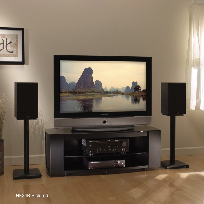 Sanus Natural Foundations Wood Speaker Stands NF36B, speaker stands flanking home theater display
