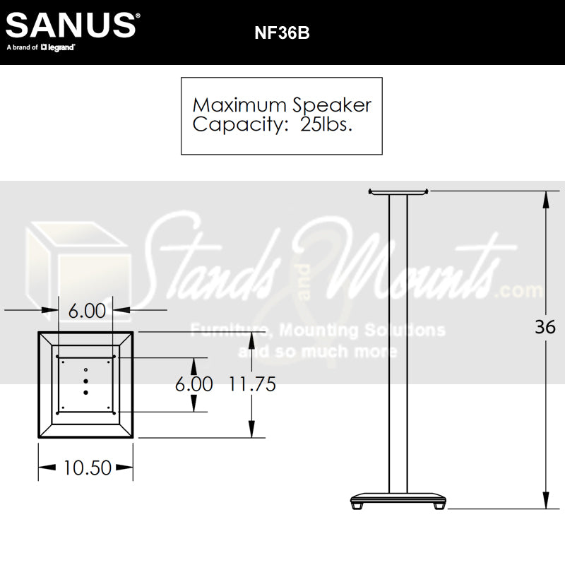 Sanus Natural Foundations Wood Speaker Stands NF36B, floor speaker stand technical dimensions