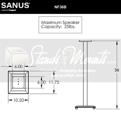 Sanus Natural Foundations Wood Speaker Stands NF36B, floor speaker stand technical dimensions