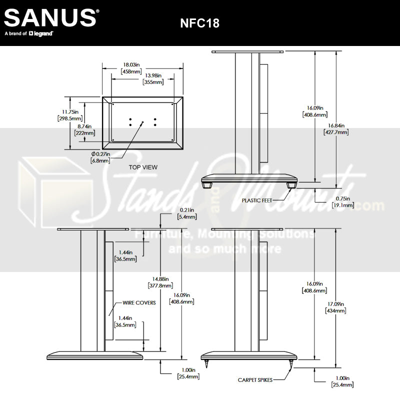 Sanus Natural Foundations Center Channel Speaker Stand NFC18B, speaker stand technical dimensions