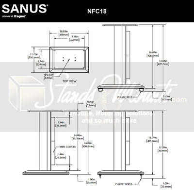 Sanus Natural Foundations Center Channel Speaker Stand NFC18B, speaker stand technical dimensions