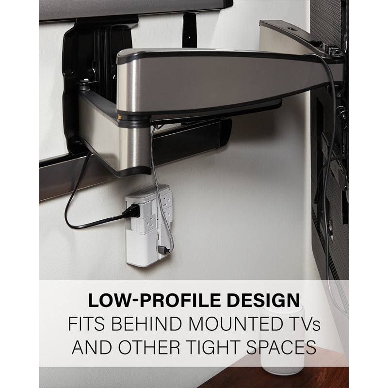 Sanus Surge Protector SA-OWSP42-W1, low-profile outlet adapter installed behind mounted TV