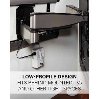Sanus Surge Protector SA-OWSP42-W1, low-profile outlet adapter installed behind mounted TV