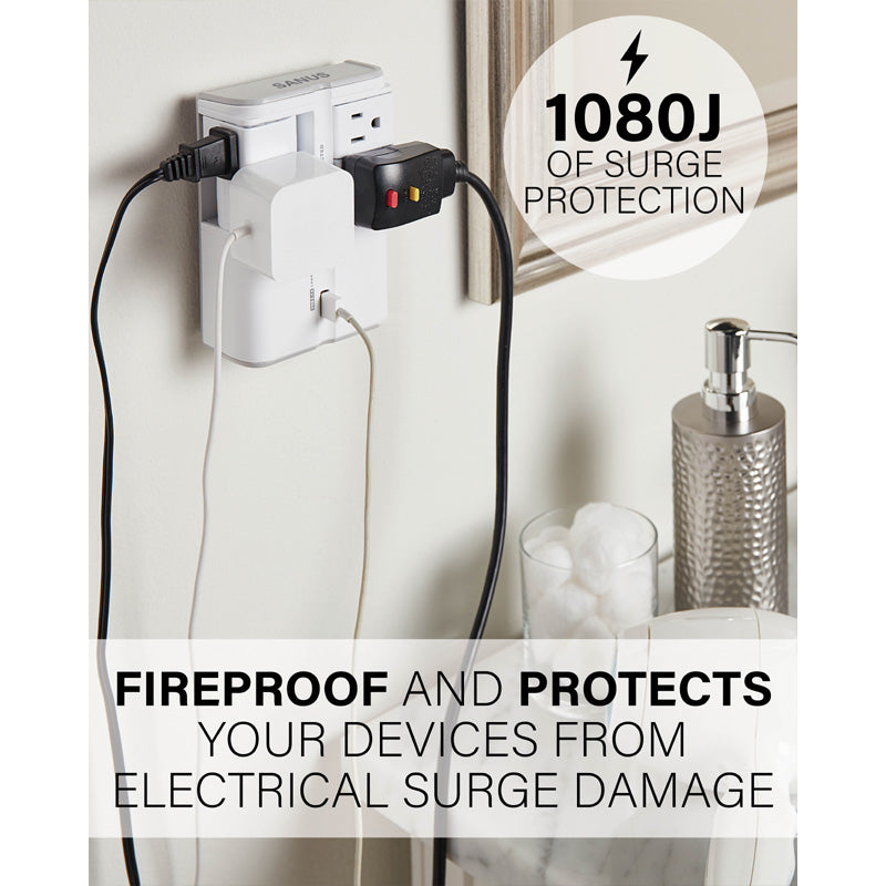 Sanus Surge Protector SA-OWSP42-W1, surge-protecting outlet adapter installed