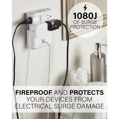 Sanus Surge Protector SA-OWSP42-W1, surge-protecting outlet adapter installed