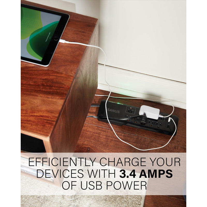 Sanus Surge Protected Power Strip SA-PS82-B1, power strip USB charging in use