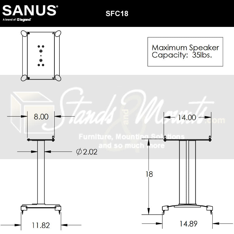 Sanus Steel Foundations Center Channel Speaker Stand SFC18-B1, speaker stand dimensions diagram