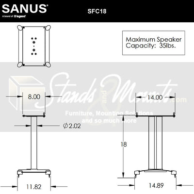 Sanus Steel Foundations Center Channel Speaker Stand SFC18-B1, speaker stand dimensions diagram