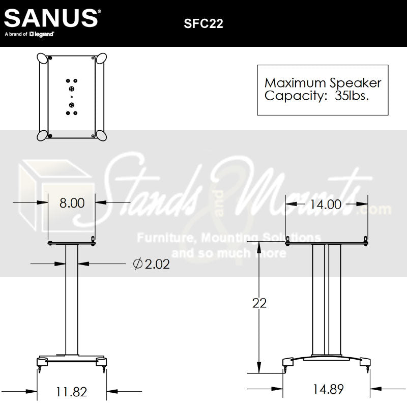 Sanus Steel Foundations Center Channel Speaker Stand SFC22-B1, speaker stand dimensions diagram