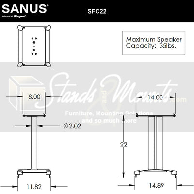 Sanus Steel Foundations Center Channel Speaker Stand SFC22-B1, speaker stand dimensions diagram
