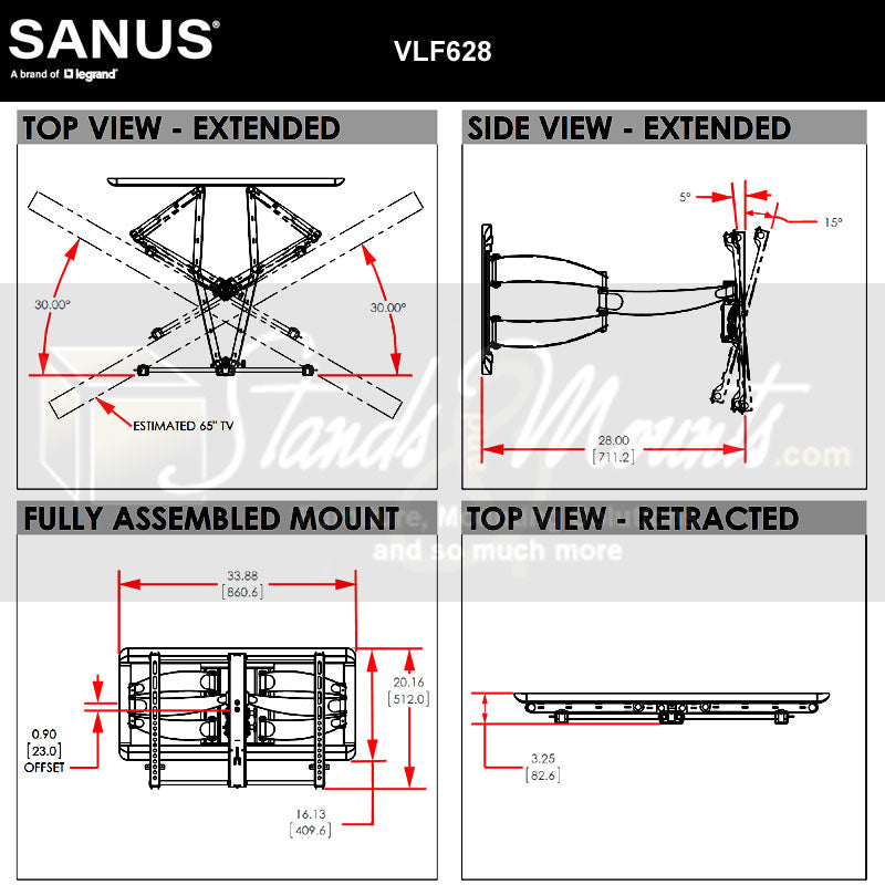 Sanus Large Full Motion TV Wall Mount VLF628-B1, full-motion TV wall mount range dimensions diagram