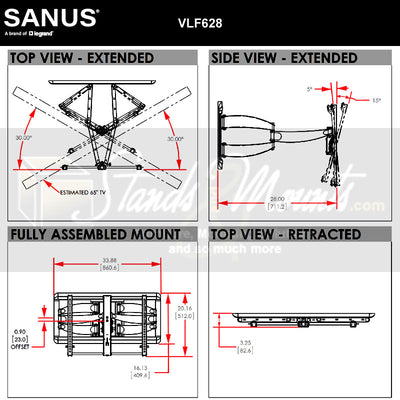 Sanus Large Full Motion TV Wall Mount VLF628-B1, full-motion TV wall mount range dimensions diagram