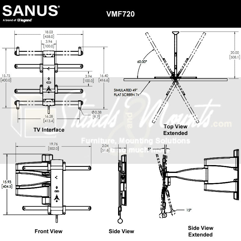 Sanus Medium Premium Full Motion TV Wall Mount VMF720-S2, articulating TV wall mount dimensions diagram