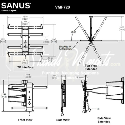 Sanus Medium Premium Full Motion TV Wall Mount VMF720-S2, articulating TV wall mount dimensions diagram