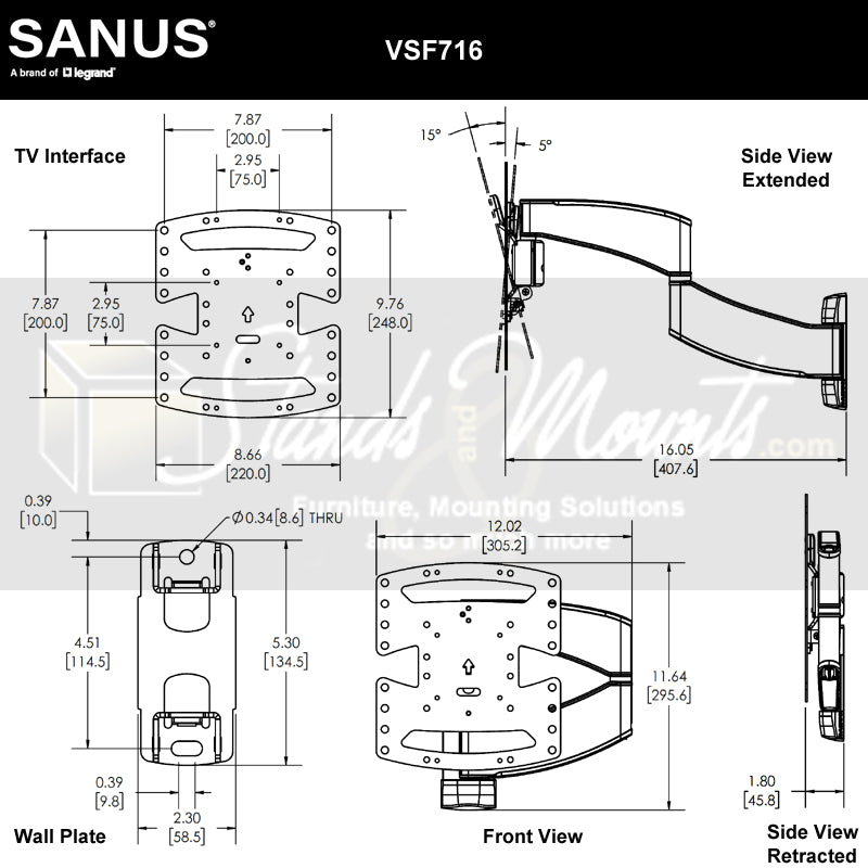 Sanus Small Premium Full Motion TV Wall Mount VSF716-B2, articulating TV wall mount dimensions diagram