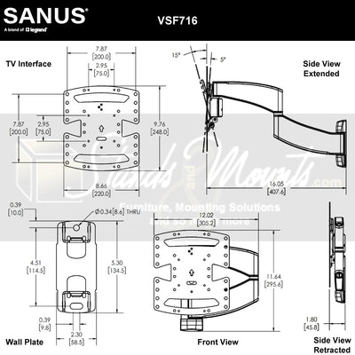 Sanus Small Premium Full Motion TV Wall Mount VSF716-B2, articulating TV wall mount dimensions diagram