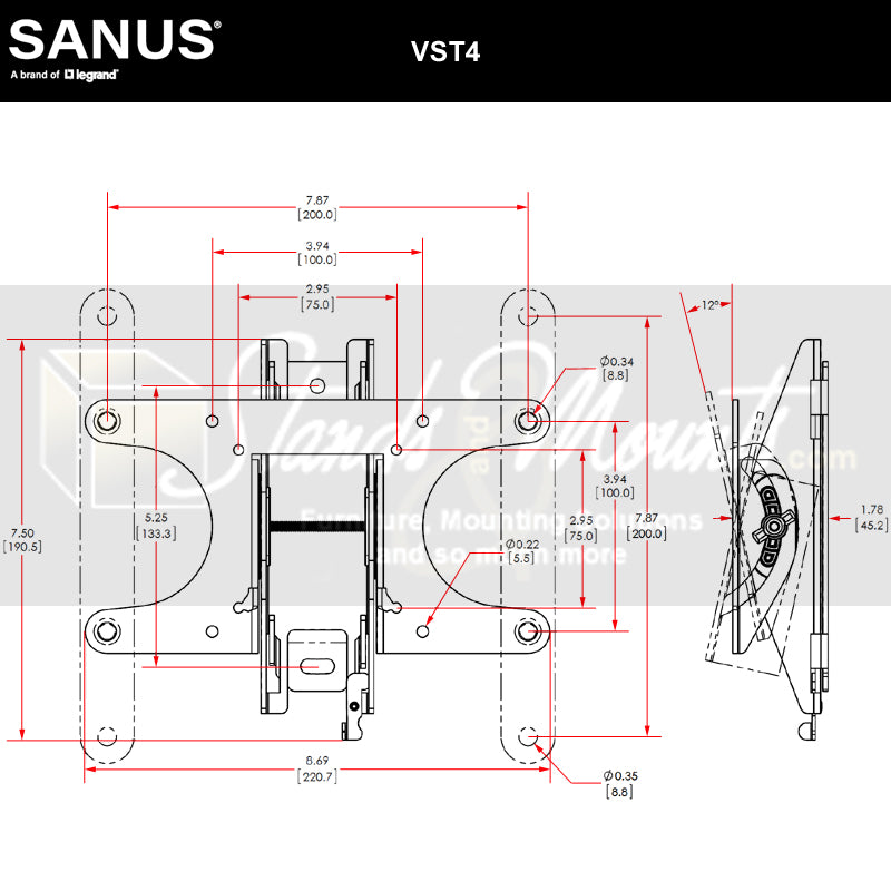 Sanus Small Premium Series Tilting TV Wall Mount VST4-B1, tilting TV wall mount dimensions diagram
