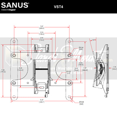Sanus Small Premium Series Tilting TV Wall Mount VST4-B1, tilting TV wall mount dimensions diagram