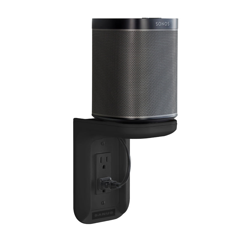 Sanus Electronics and Speaker Outlet Shelf WSOS1-B1, speaker wall outlet mount with cylindrical speaker