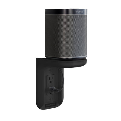 Sanus Electronics and Speaker Outlet Shelf WSOS1-B1, speaker wall outlet mount with cylindrical speaker