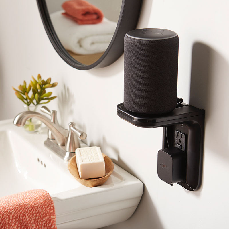 Sanus Electronics and Speaker Outlet Shelf WSOS1-B1, smart speaker wall outlet shelf installed bathroom view