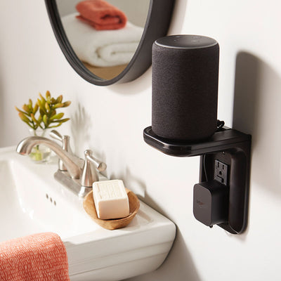 Sanus Electronics and Speaker Outlet Shelf WSOS1-B1, smart speaker wall outlet shelf installed bathroom view