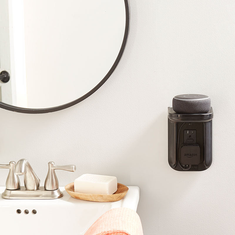 Sanus Electronics and Speaker Outlet Shelf WSOS1-B1, compact smart speaker wall shelf installed bathroom view