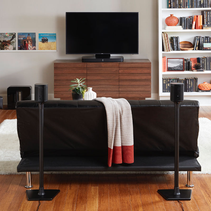 Sanus Sonos Wireless Speaker Stands WSS22-B1, rear surround speaker stands in living room, front view