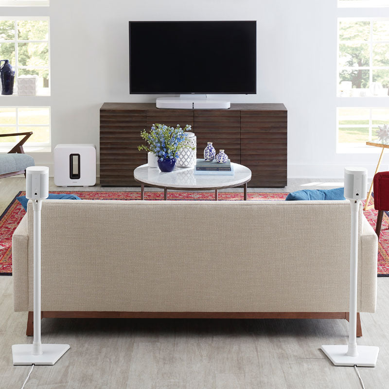 Sanus Sonos Wireless Speaker Stands WSS22-W1, white speaker floor stand pair installed living room view