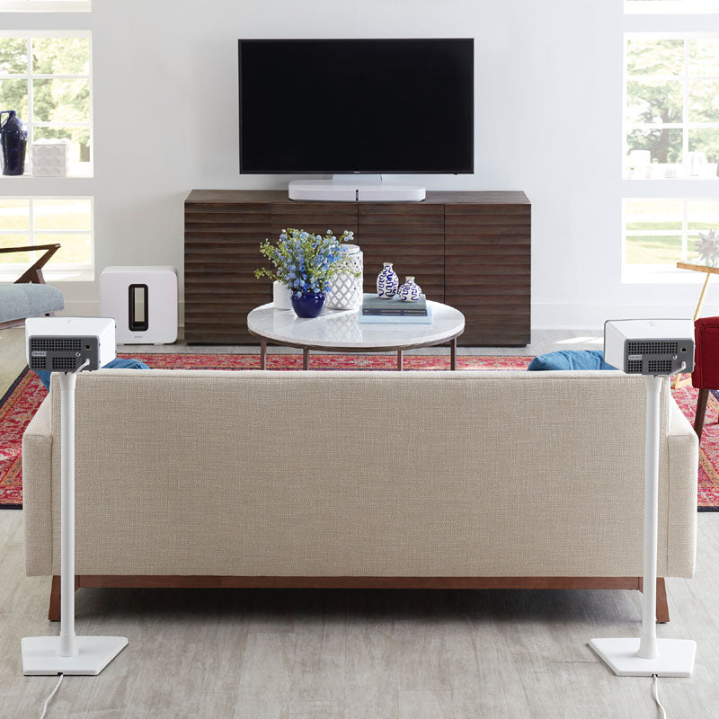 Sanus Sonos Wireless Speaker Stands WSS22-W1, white speaker floor stand pair installed rear-speaker view