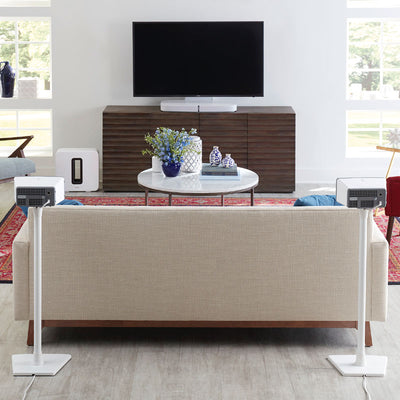 Sanus Sonos Wireless Speaker Stands WSS22-W1, white speaker floor stand pair installed rear-speaker view