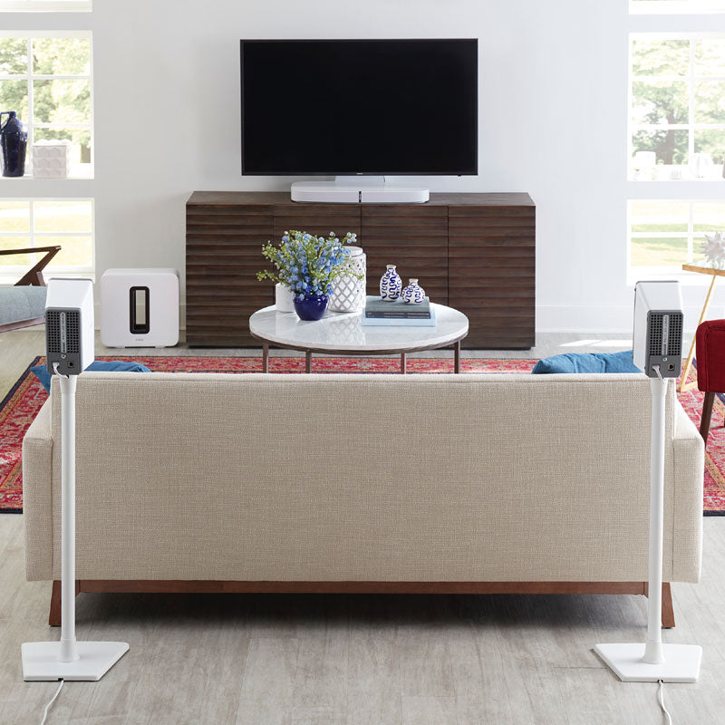 Sanus Sonos Wireless Speaker Stands WSS22-W1, white speaker floor stand pair installed front-speaker view