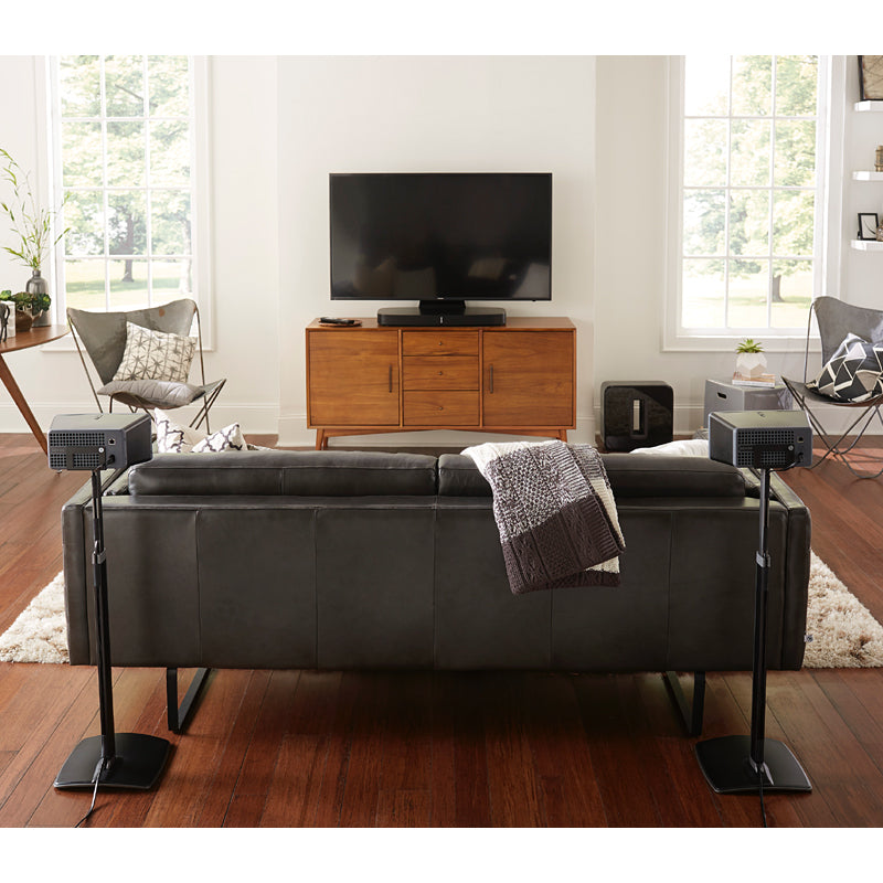Sanus Sonos Wireless Speaker Stand WSSA2-B1, speakers on stands behind sofa facing inward