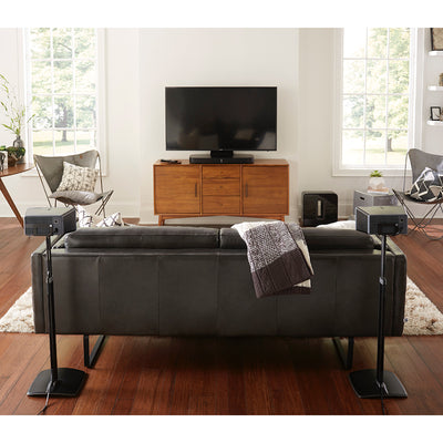 Sanus Sonos Wireless Speaker Stand WSSA2-B1, speakers on stands behind sofa facing inward