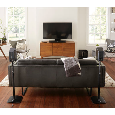 Sanus Sonos Wireless Speaker Stand WSSA2-B1, speakers on stands behind sofa front-facing
